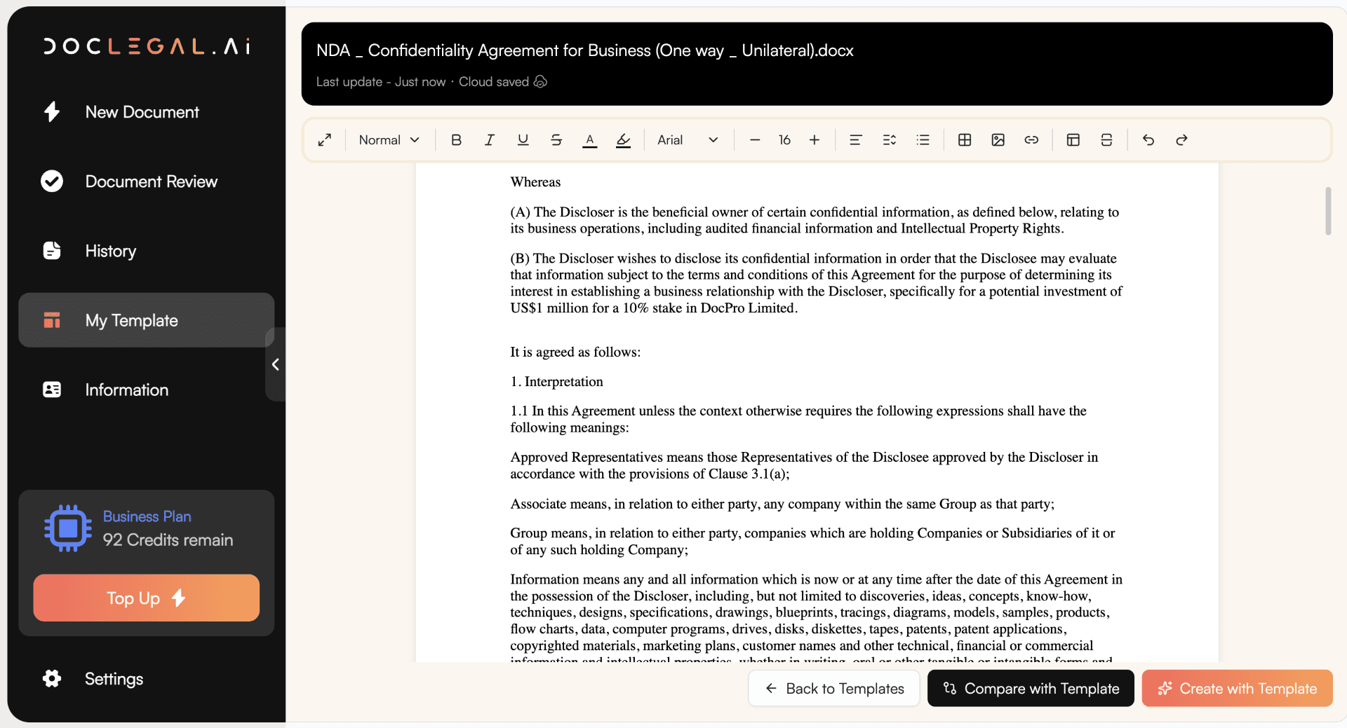 Create with template: edit your document in DocLegal.Ai